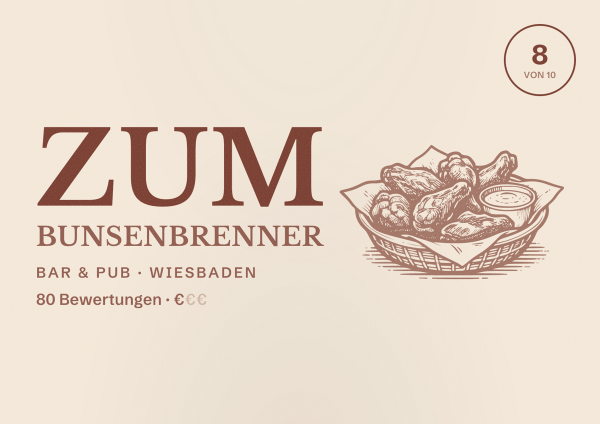Illustriertes Poster von Zum Bunsenbrenner, Bar & Pub in Wiesbaden: Bewertung 8,0 von 10 aus 80 Bewertungen, Preisniveau €