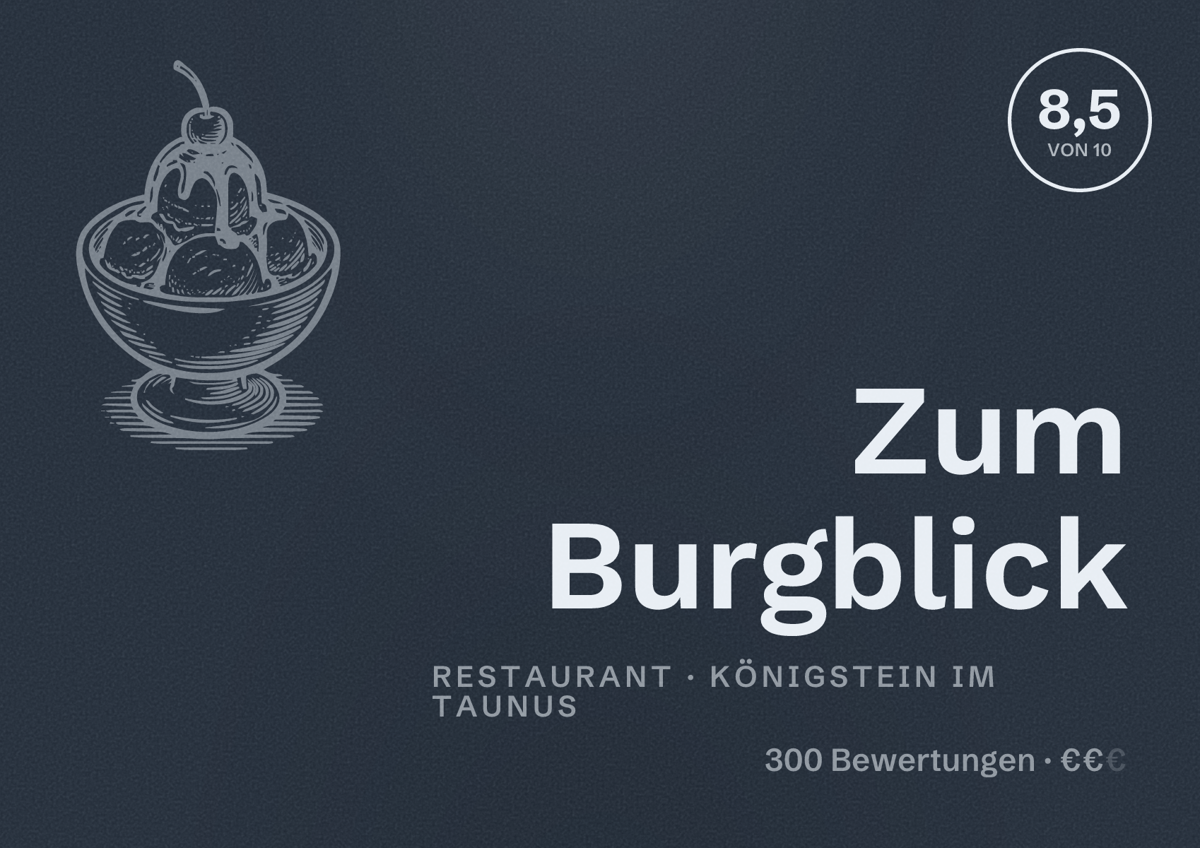 Illustriertes Poster von Zum Burgblick, Restaurant in Königstein im Taunus: Bewertung 8,5 von 10 aus 300 Bewertungen, Preisniveau €€
