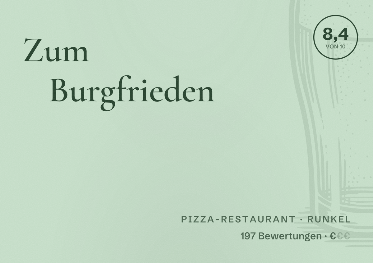 Illustriertes Poster von Zum Burgfrieden, Pizza-Restaurant in Runkel: Bewertung 8,4 von 10 aus 197 Bewertungen, Preisniveau €