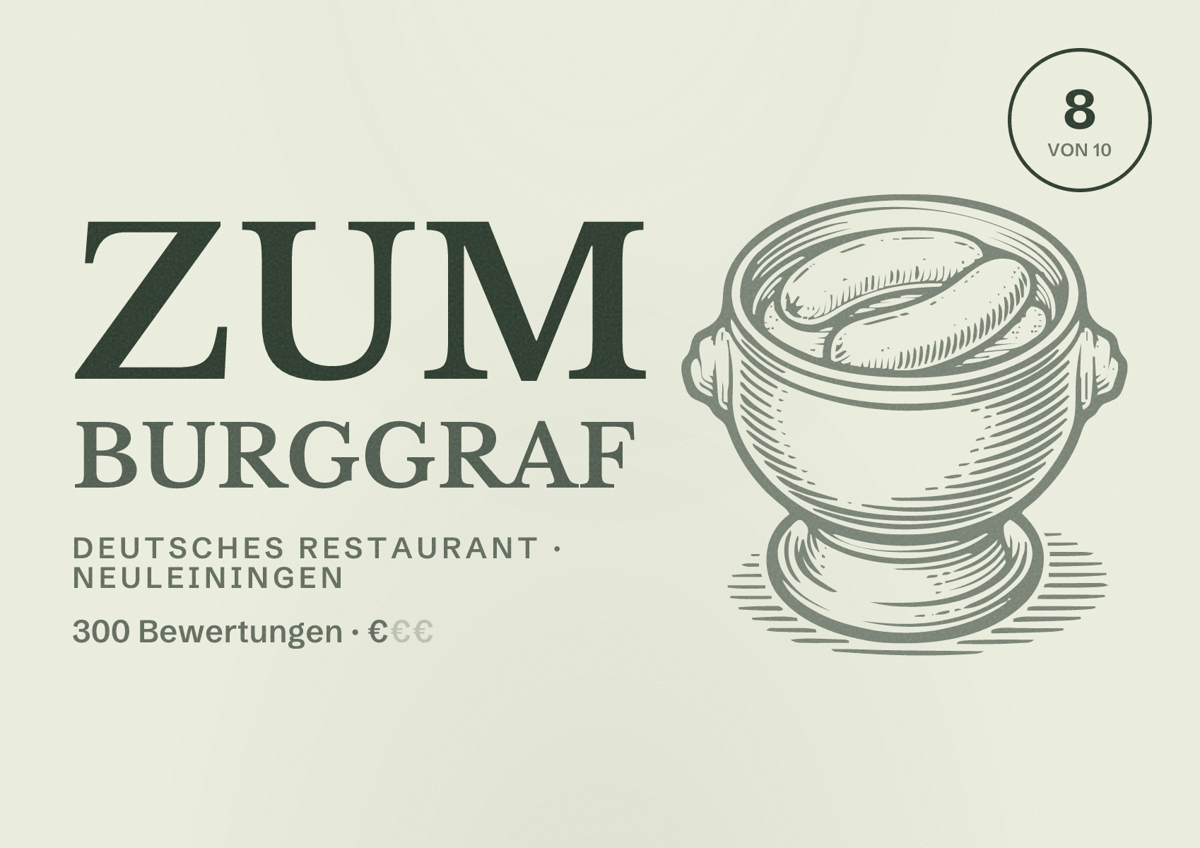 Illustriertes Poster von Zum Burggraf, Deutsches Restaurant in Neuleiningen: Bewertung 8 von 10 aus 300 Bewertungen, Preisniveau €