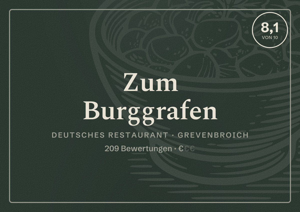 Illustriertes Poster von Zum Burggrafen, Deutsches Restaurant in Grevenbroich: Bewertung 8,1 von 10 aus 209 Bewertungen, Preisniveau €