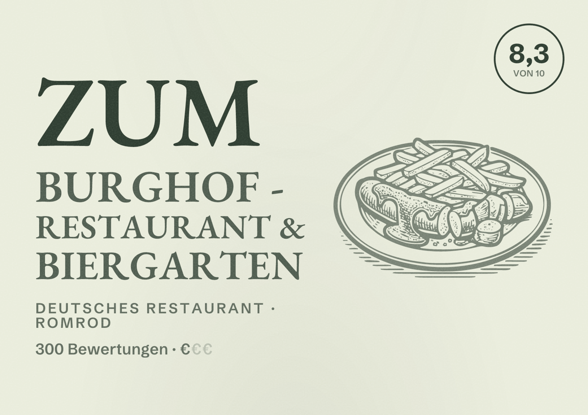 Illustriertes Poster von Zum Burghof - Restaurant & Biergarten, Deutsches Restaurant in Romrod: Bewertung 8,3 von 10 aus 300 Bewertungen, Preisniveau €