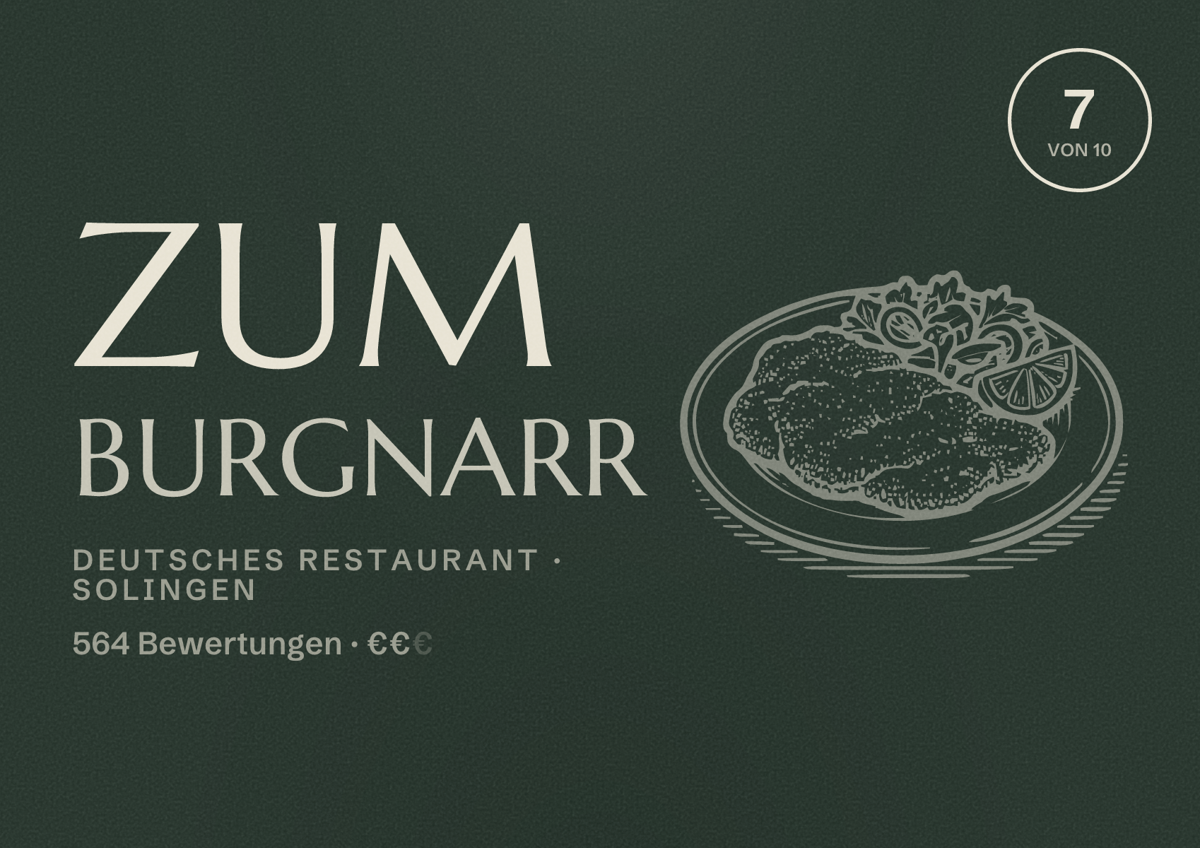 Illustriertes Poster von Zum Burgnarr, Deutsches Restaurant in Solingen: Bewertung 7 von 10 aus 564 Bewertungen, Preisniveau €€