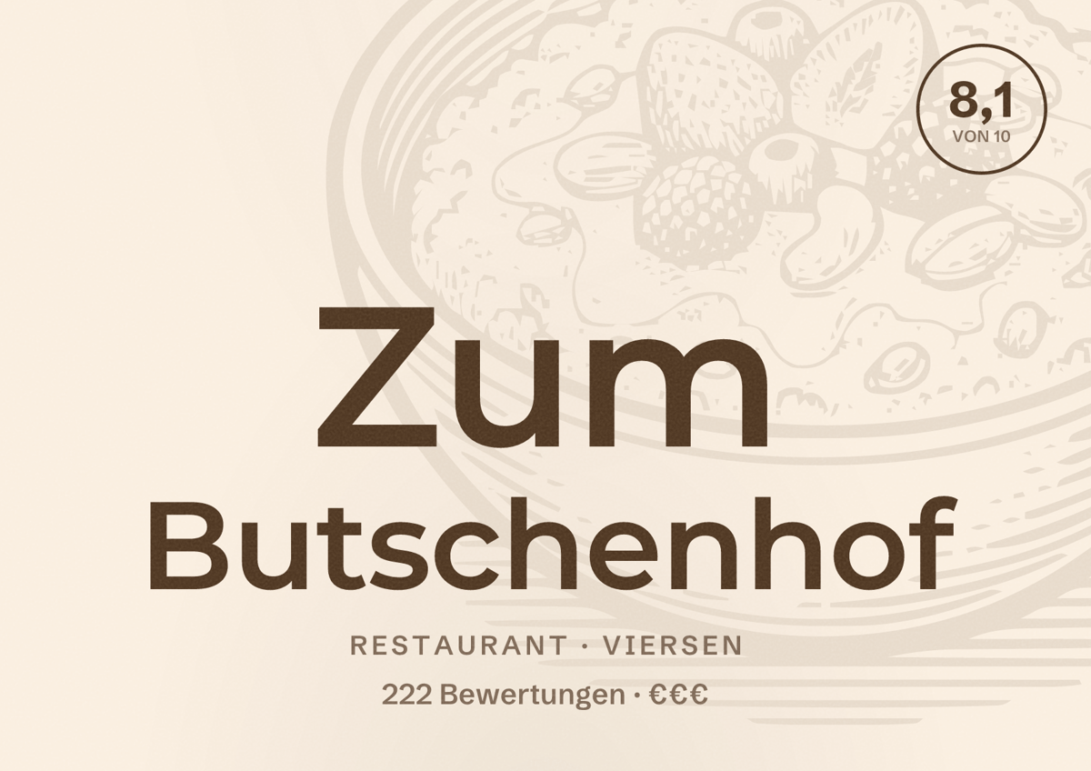 Illustriertes Poster von Zum Butschenhof, Restaurant in Viersen: Bewertung 8,1 von 10 aus 222 Bewertungen, Preisniveau €€€