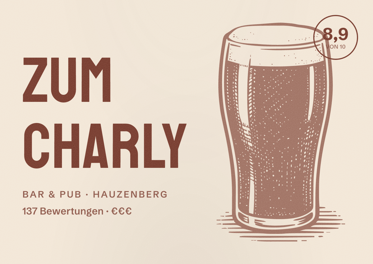 Illustriertes Poster von Zum Charly, Bar & Pub in Hauzenberg: Bewertung 8,9 von 10 aus 137 Bewertungen, Preisniveau €€€
