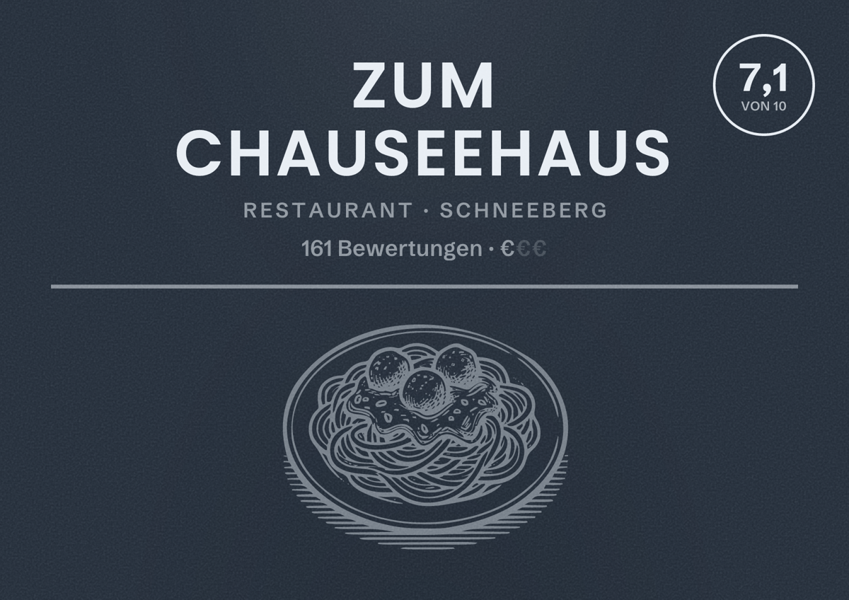 Illustriertes Poster von Zum Chauseehaus, Restaurant in Schneeberg: Bewertung 7,1 von 10 aus 161 Bewertungen, Preisniveau €