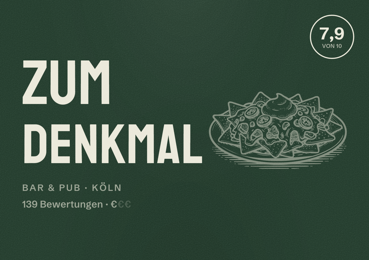 Illustriertes Poster von Zum Denkmal, Bar & Pub in Köln: Bewertung 7,9 von 10 aus 139 Bewertungen, Preisniveau €
