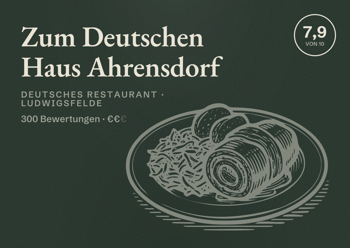 Illustriertes Poster von Zum Deutschen Haus Ahrensdorf, Deutsches Restaurant in Ludwigsfelde: Bewertung 7,9 von 10 aus 300 Bewertungen, Preisniveau €€