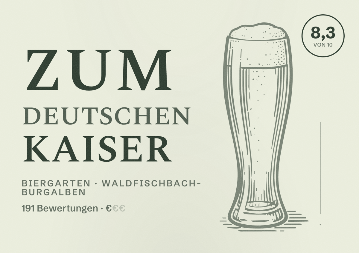 Illustriertes Poster von Zum Deutschen Kaiser, Biergarten in Waldfischbach-Burgalben: Bewertung 8,3 von 10 aus 191 Bewertungen, Preisniveau €