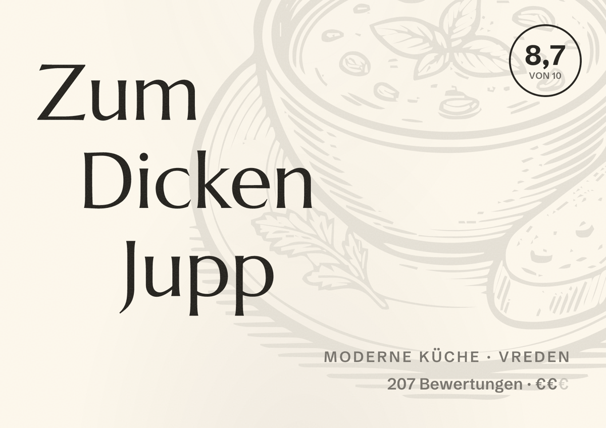 Illustriertes Poster von Zum Dicken Jupp, Moderne Küche in Vreden: Bewertung 8,7 von 10 aus 207 Bewertungen, Preisniveau €€