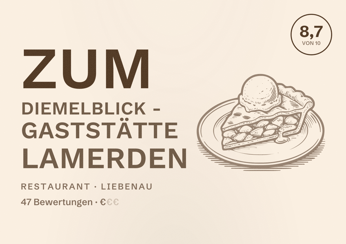 Illustriertes Poster von Zum Diemelblick - Gaststätte Lamerden, Restaurant in Liebenau: Bewertung 8,7 von 10 aus 47 Bewertungen, Preisniveau €