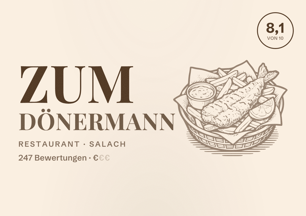 Illustriertes Poster von Zum Dönermann, Restaurant in Salach: Bewertung 8,1 von 10 aus 247 Bewertungen, Preisniveau €