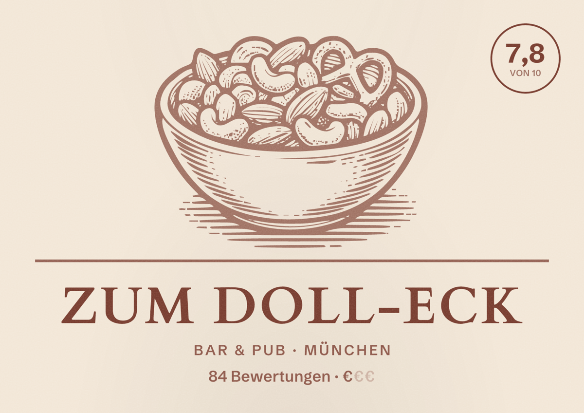 Illustriertes Poster von Zum Doll-eck, Bar & Pub in München: Bewertung 7,8 von 10 aus 84 Bewertungen, Preisniveau €