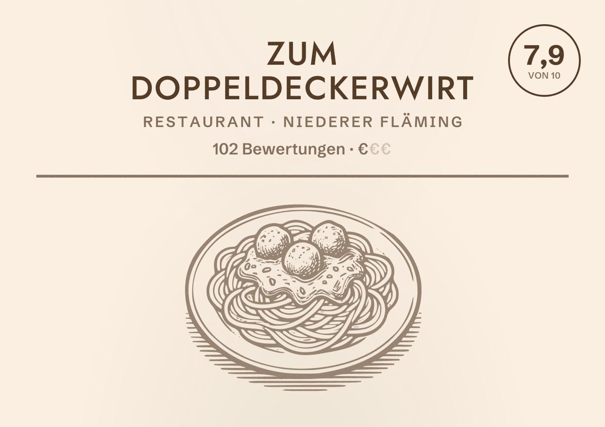 Illustriertes Poster von Zum Doppeldeckerwirt, Restaurant in Niederer Fläming: Bewertung 7,9 von 10 aus 102 Bewertungen, Preisniveau €