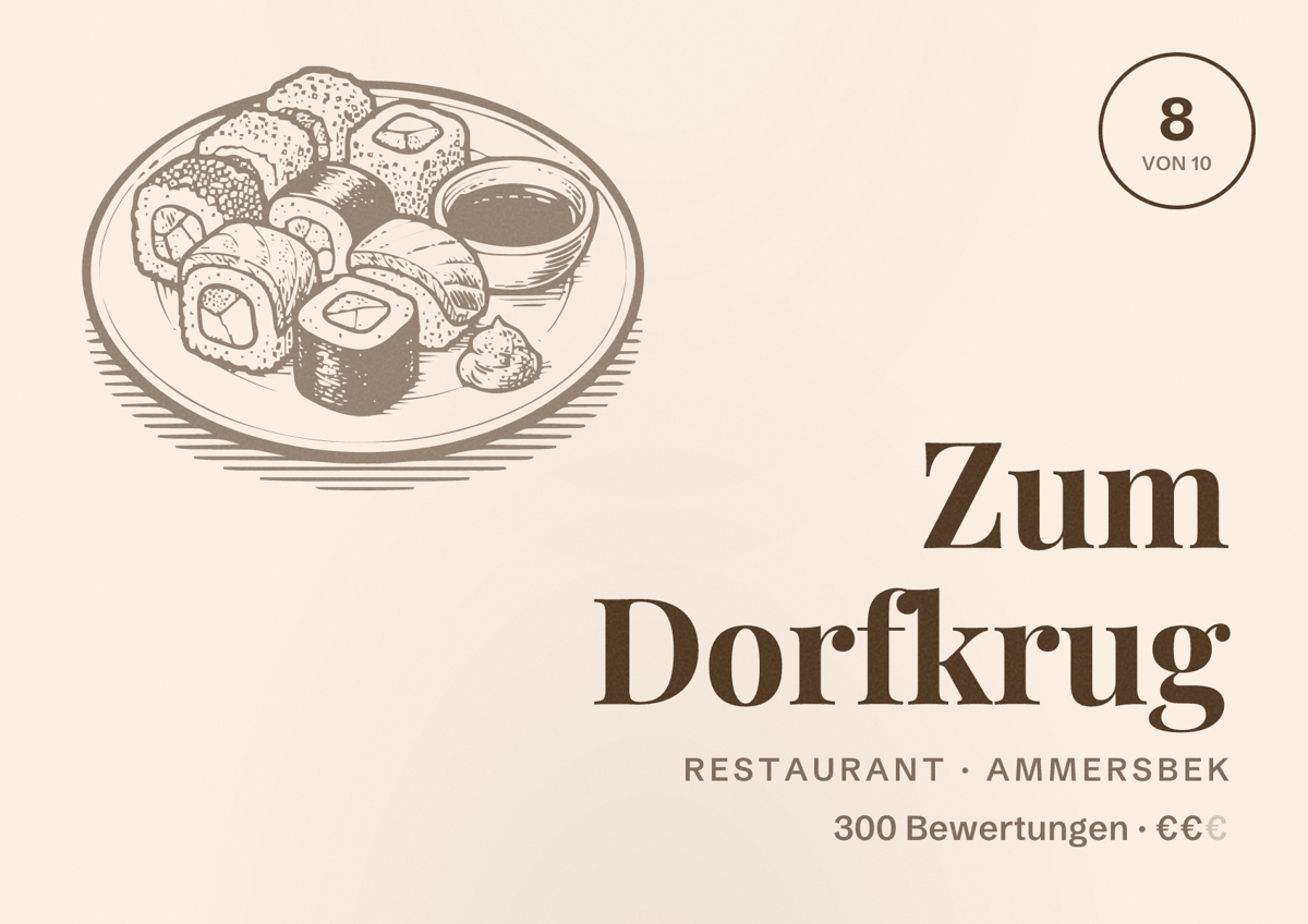 Illustriertes Poster von Zum Dorfkrug, Restaurant in Ammersbek: Bewertung 8 von 10 aus 300 Bewertungen, Preisniveau €€