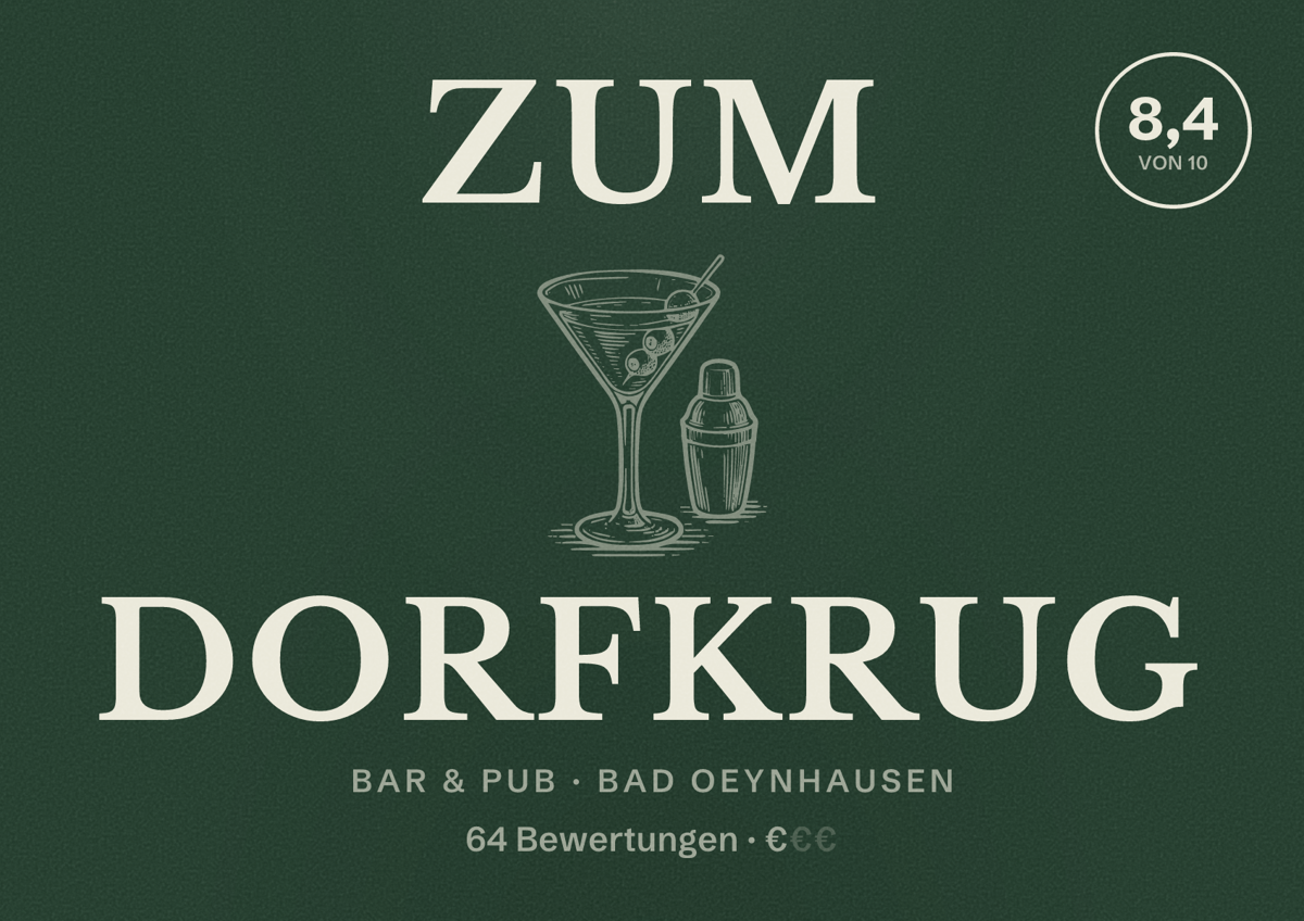 Illustriertes Poster von Zum Dorfkrug, Bar & Pub in Bad Oeynhausen: Bewertung 8,4 von 10 aus 64 Bewertungen, Preisniveau €