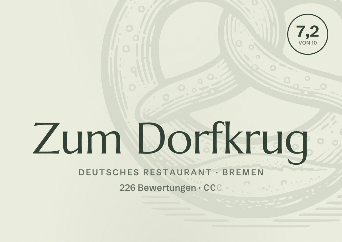 Illustriertes Poster von Zum Dorfkrug, Deutsches Restaurant in Bremen: Bewertung 7,2 von 10 aus 226 Bewertungen, Preisniveau €€
