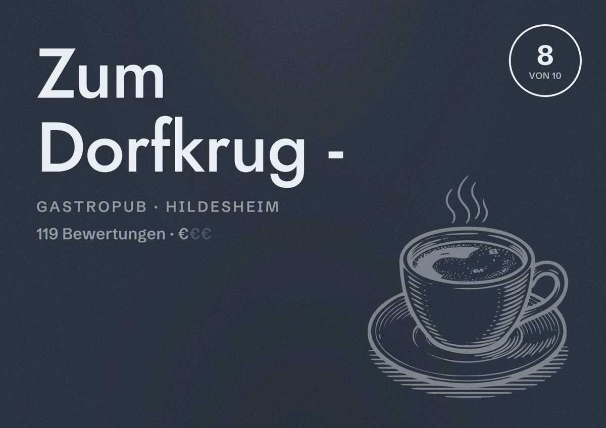 Illustriertes Poster von Zum Dorfkrug -, Gastropub in Hildesheim: Bewertung 8 von 10 aus 119 Bewertungen, Preisniveau €