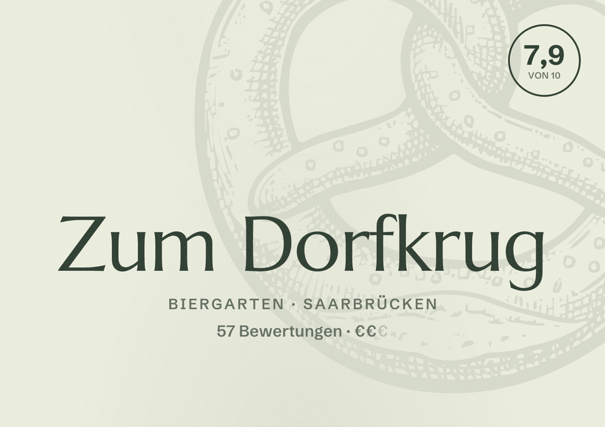 Illustriertes Poster von Zum Dorfkrug, Biergarten in Saarbrücken: Bewertung 7,9 von 10 aus 57 Bewertungen, Preisniveau €€