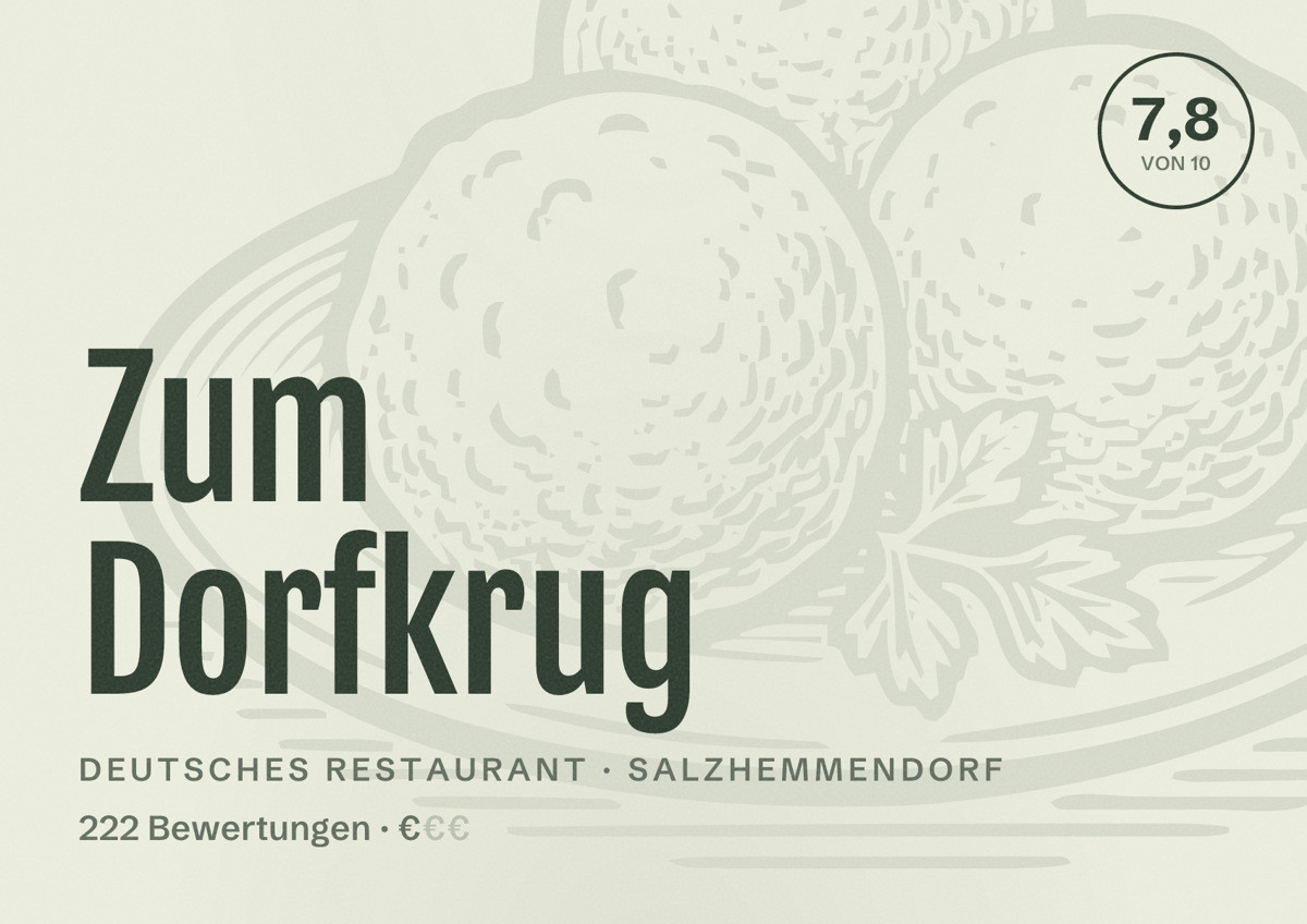 Illustriertes Poster von Zum Dorfkrug, Deutsches Restaurant in Salzhemmendorf: Bewertung 7,8 von 10 aus 222 Bewertungen, Preisniveau €