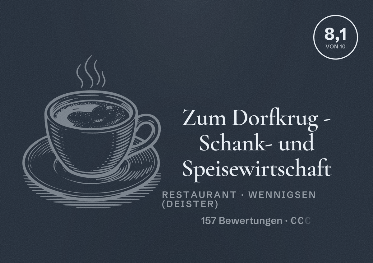 Illustriertes Poster von Zum Dorfkrug - Schank- und Speisewirtschaft, Restaurant in Wennigsen (Deister): Bewertung 8,1 von 10 aus 157 Bewertungen, Preisniveau €€