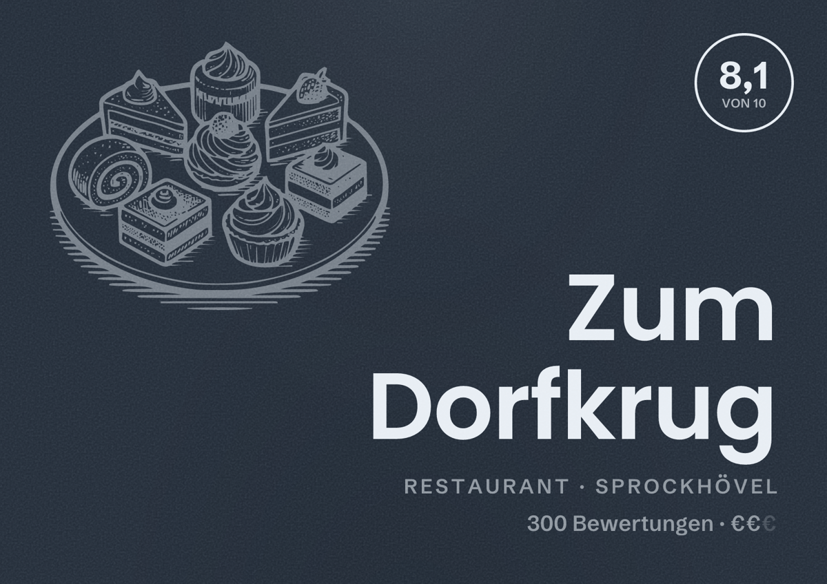 Illustriertes Poster von Zum Dorfkrug, Restaurant in Sprockhövel: Bewertung 8,1 von 10 aus 300 Bewertungen, Preisniveau €€