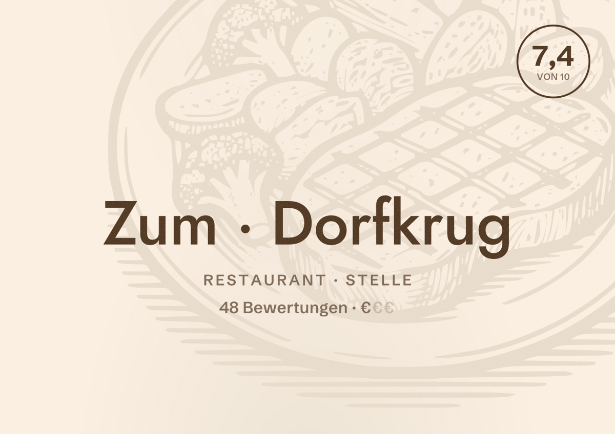 Illustriertes Poster von Zum Dorfkrug, Restaurant in Stelle: Bewertung 7,4 von 10 aus 48 Bewertungen, Preisniveau €