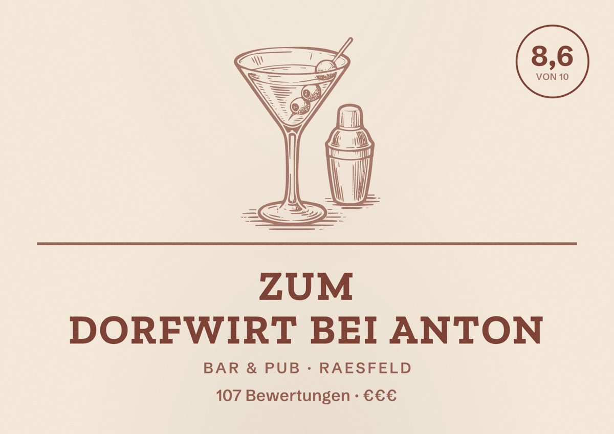 Illustriertes Poster von Zum Dorfwirt bei Anton, Bar & Pub in Raesfeld: Bewertung 8,6 von 10 aus 107 Bewertungen, Preisniveau €€€