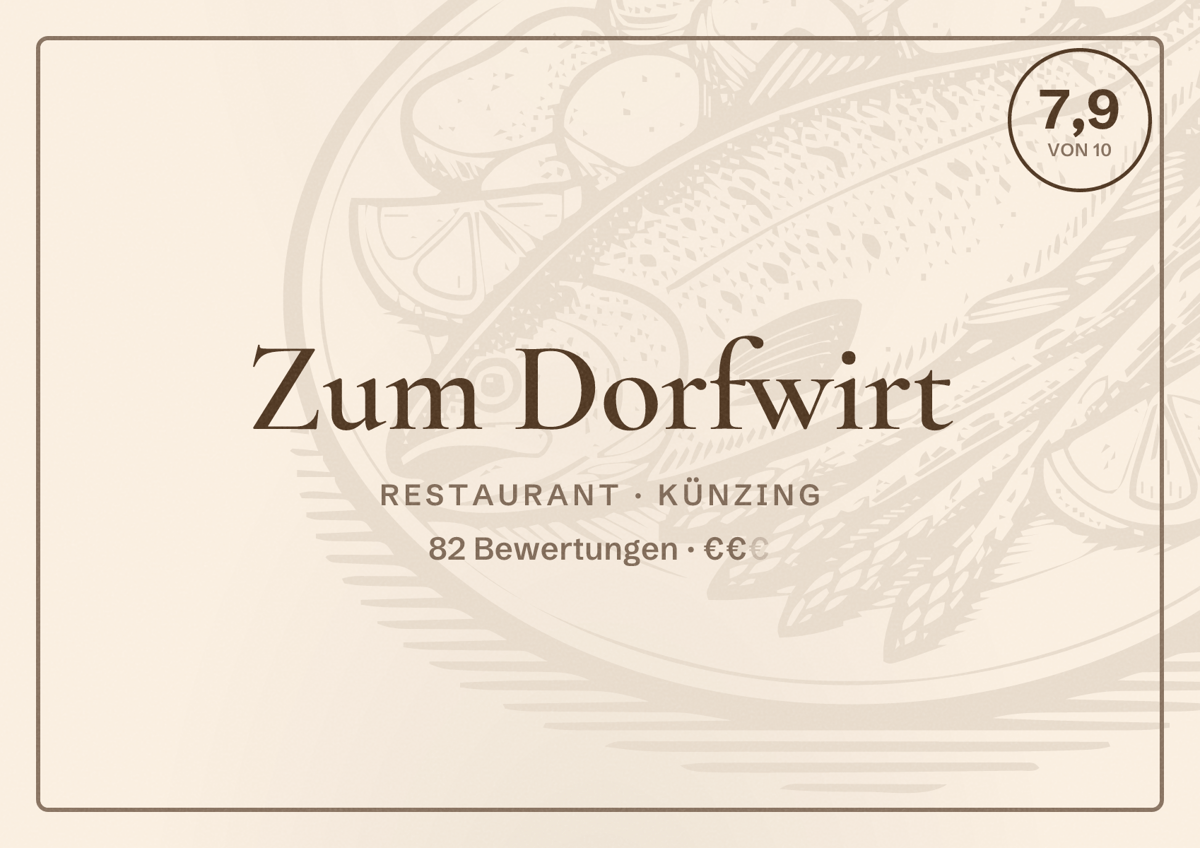 Illustriertes Poster von Zum Dorfwirt, Restaurant in Künzing: Bewertung 7,9 von 10 aus 82 Bewertungen, Preisniveau €€