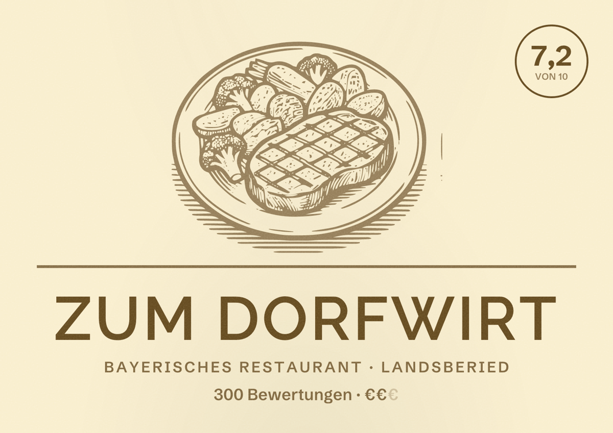 Illustriertes Poster von Zum Dorfwirt, Bayerisches Restaurant in Landsberied: Bewertung 7,2 von 10 aus 300 Bewertungen, Preisniveau €€