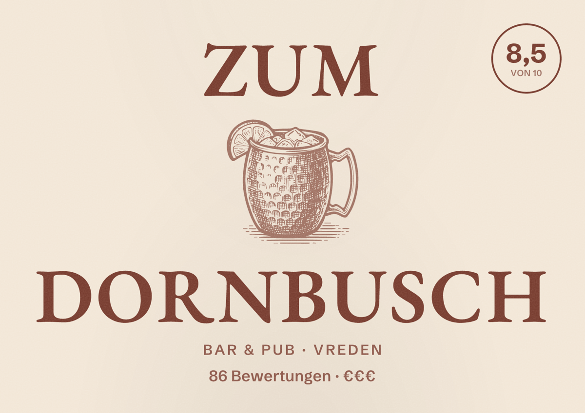 Illustriertes Poster von zum Dornbusch, Bar & Pub in Vreden: Bewertung 8,5 von 10 aus 86 Bewertungen, Preisniveau €€€