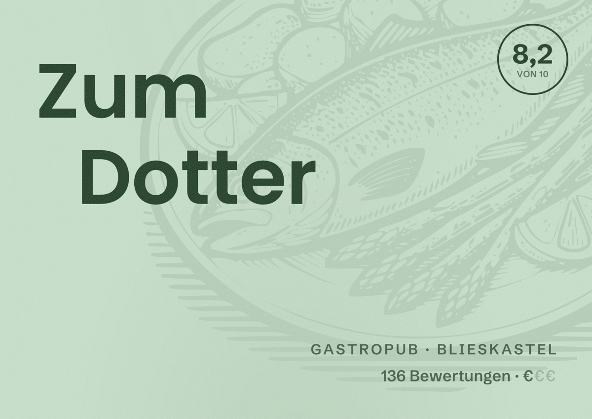 Illustriertes Poster von Zum Dotter, Gastropub in Blieskastel: Bewertung 8,2 von 10 aus 136 Bewertungen, Preisniveau €