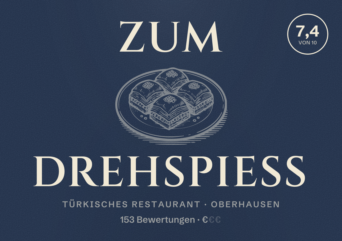 Illustriertes Poster von Zum Drehspieß, Türkisches Restaurant in Oberhausen: Gästebewertung 7,4 von 10 aus 153 Bewertungen
