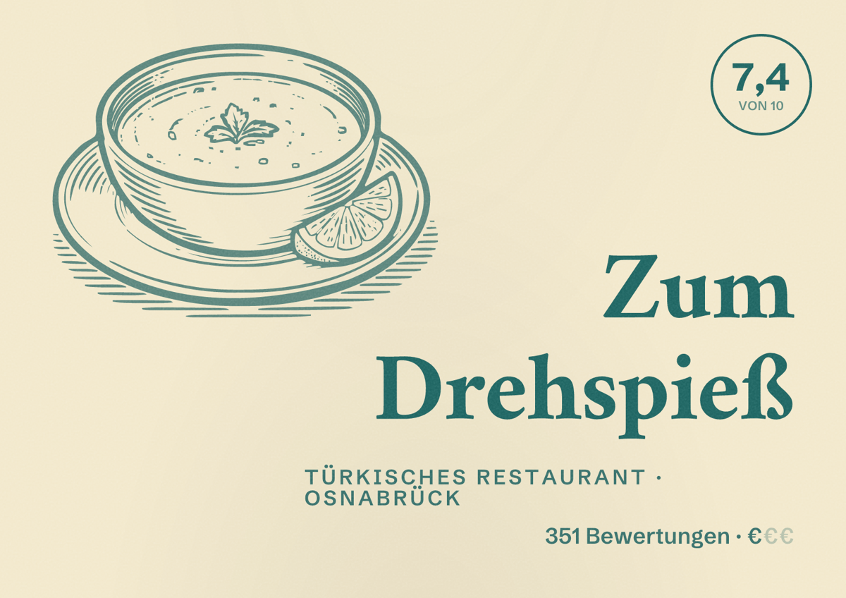 Illustriertes Poster von Zum Drehspieß, Türkisches Restaurant in Osnabrück: Bewertung 7,4 von 10 aus 351 Bewertungen, Preisniveau €