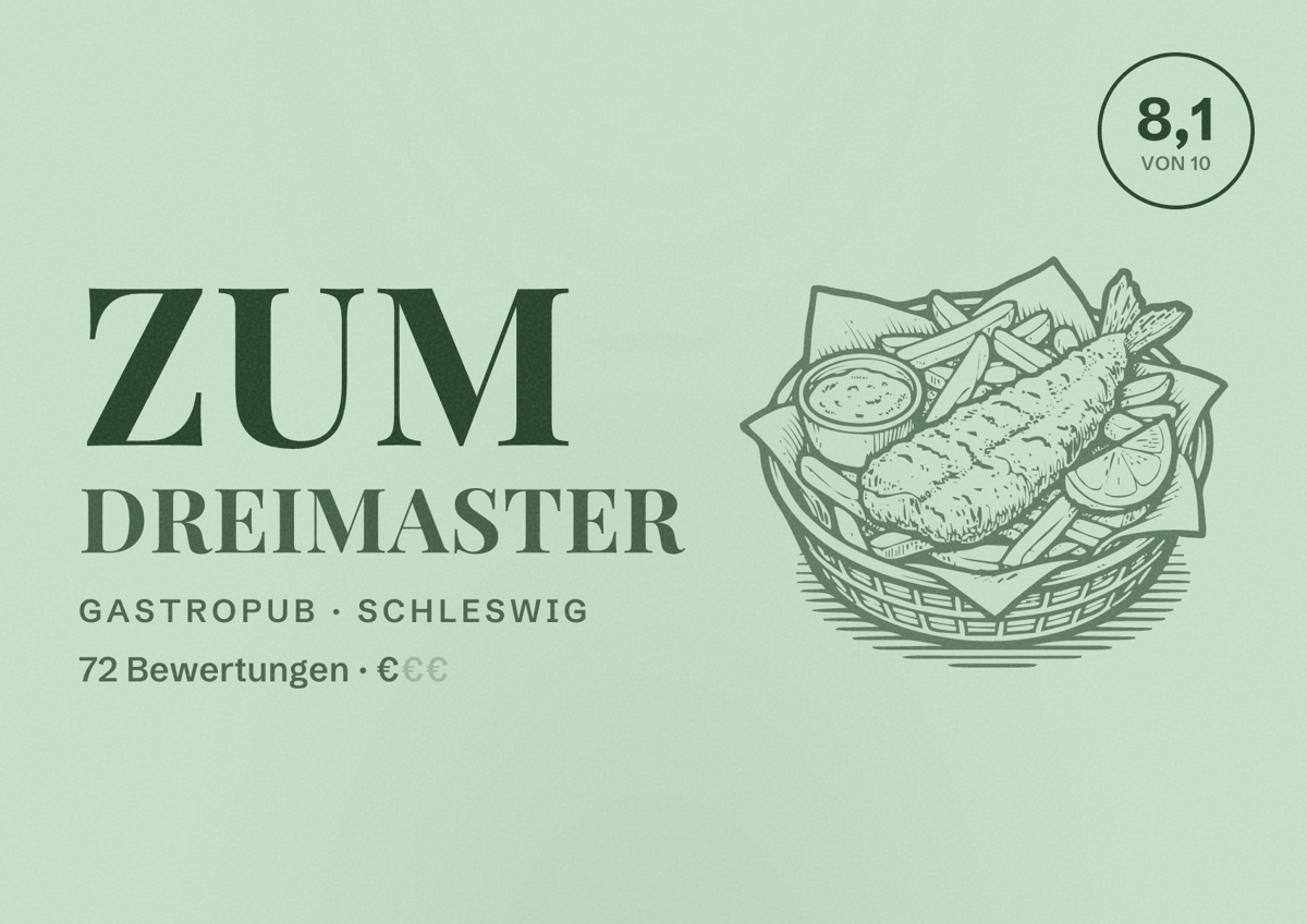 Illustriertes Poster von Zum Dreimaster, Gastropub in Schleswig: Bewertung 8,1 von 10 aus 72 Bewertungen, Preisniveau €