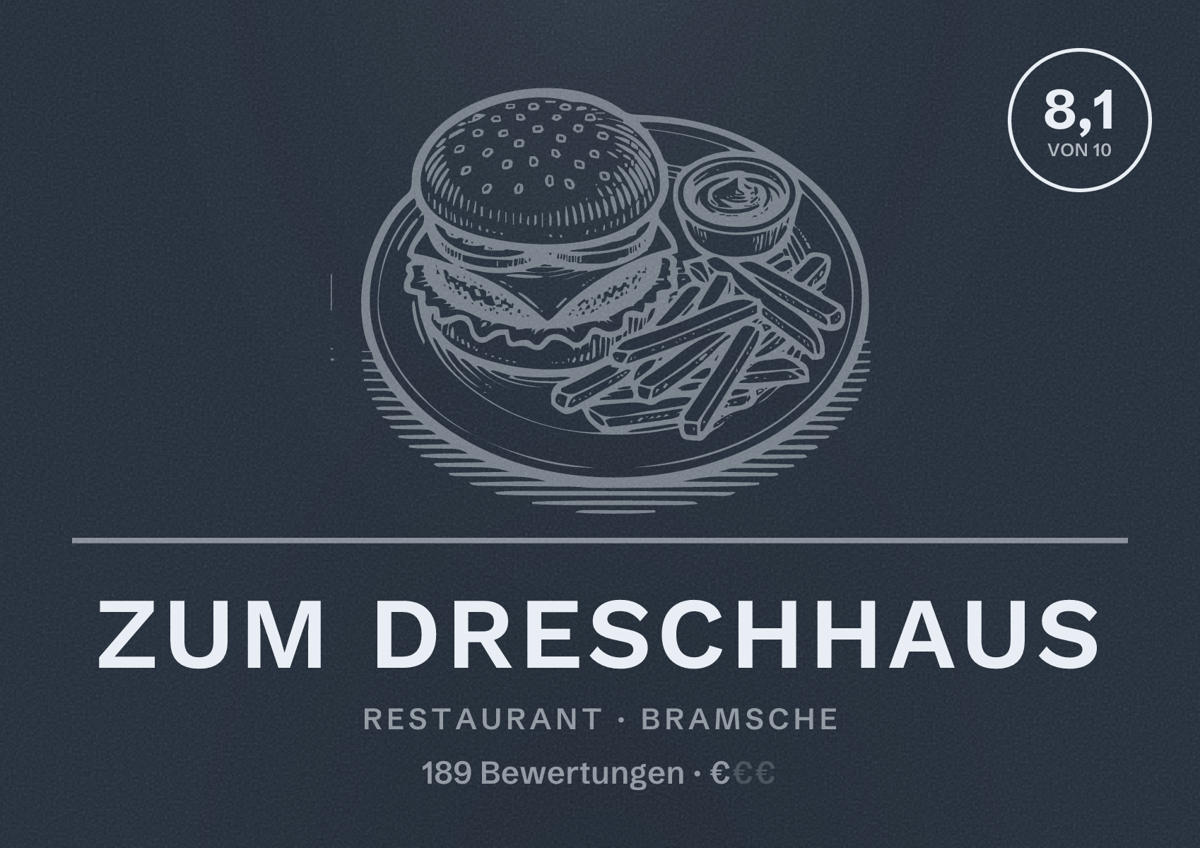 Illustriertes Poster von Zum Dreschhaus, Restaurant in Bramsche: Bewertung 8,1 von 10 aus 189 Bewertungen, Preisniveau €