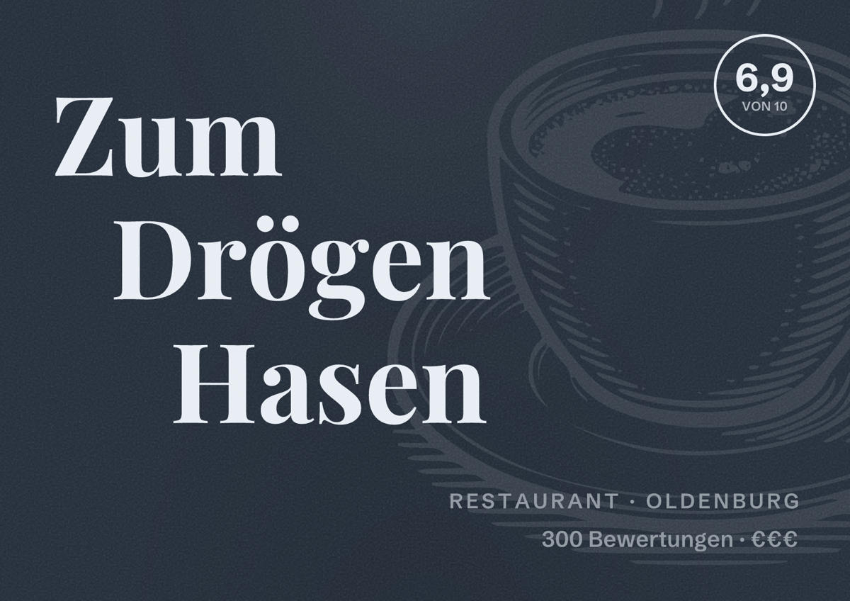 Illustriertes Poster von Zum Drögen Hasen, Restaurant in Oldenburg: Bewertung 6,9 von 10 aus 300 Bewertungen, Preisniveau €€€