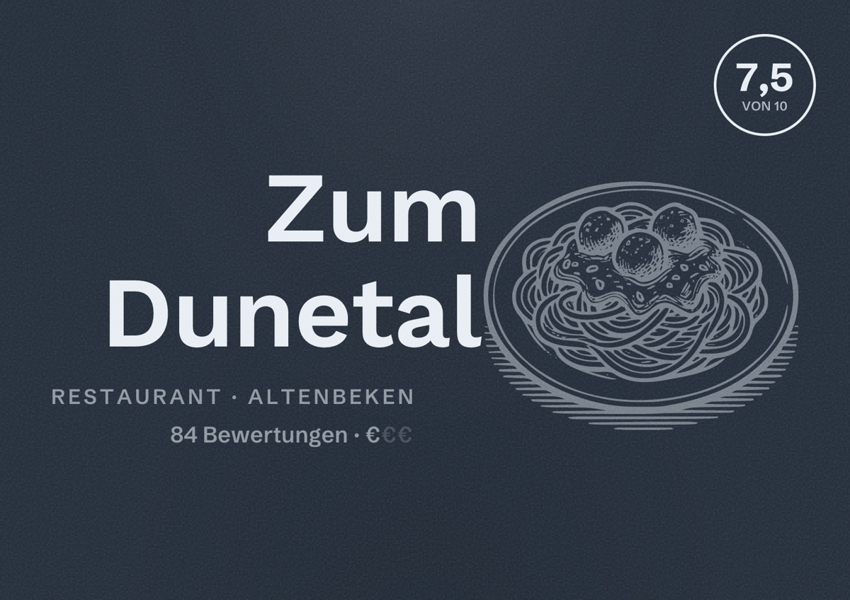 Illustriertes Poster von Zum Dunetal, Restaurant in Altenbeken: Bewertung 7,5 von 10 aus 84 Bewertungen, Preisniveau €