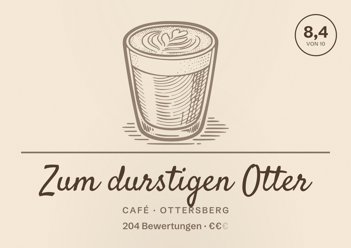 Illustriertes Poster von Zum durstigen Otter, Café in Ottersberg: Bewertung 8,4 von 10 aus 204 Bewertungen, Preisniveau €€
