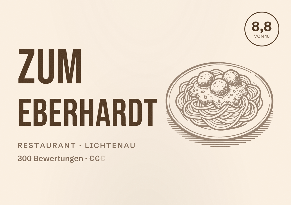 Illustriertes Poster von Zum Eberhardt, Restaurant in Lichtenau: Bewertung 8,8 von 10 aus 300 Bewertungen, Preisniveau €€