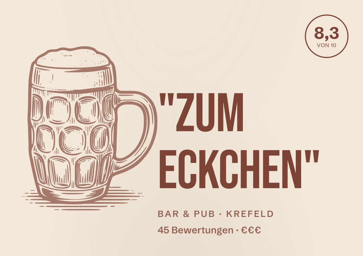 Illustriertes Poster von "Zum Eckchen", Bar & Pub in Krefeld: Bewertung 8,3 von 10 aus 45 Bewertungen, Preisniveau €€€