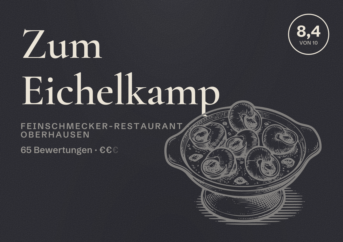 Illustriertes Poster von Zum Eichelkamp, Feinschmecker-Restaurant in Oberhausen: Bewertung 8,4 von 10 aus 65 Bewertungen, Preisniveau €€