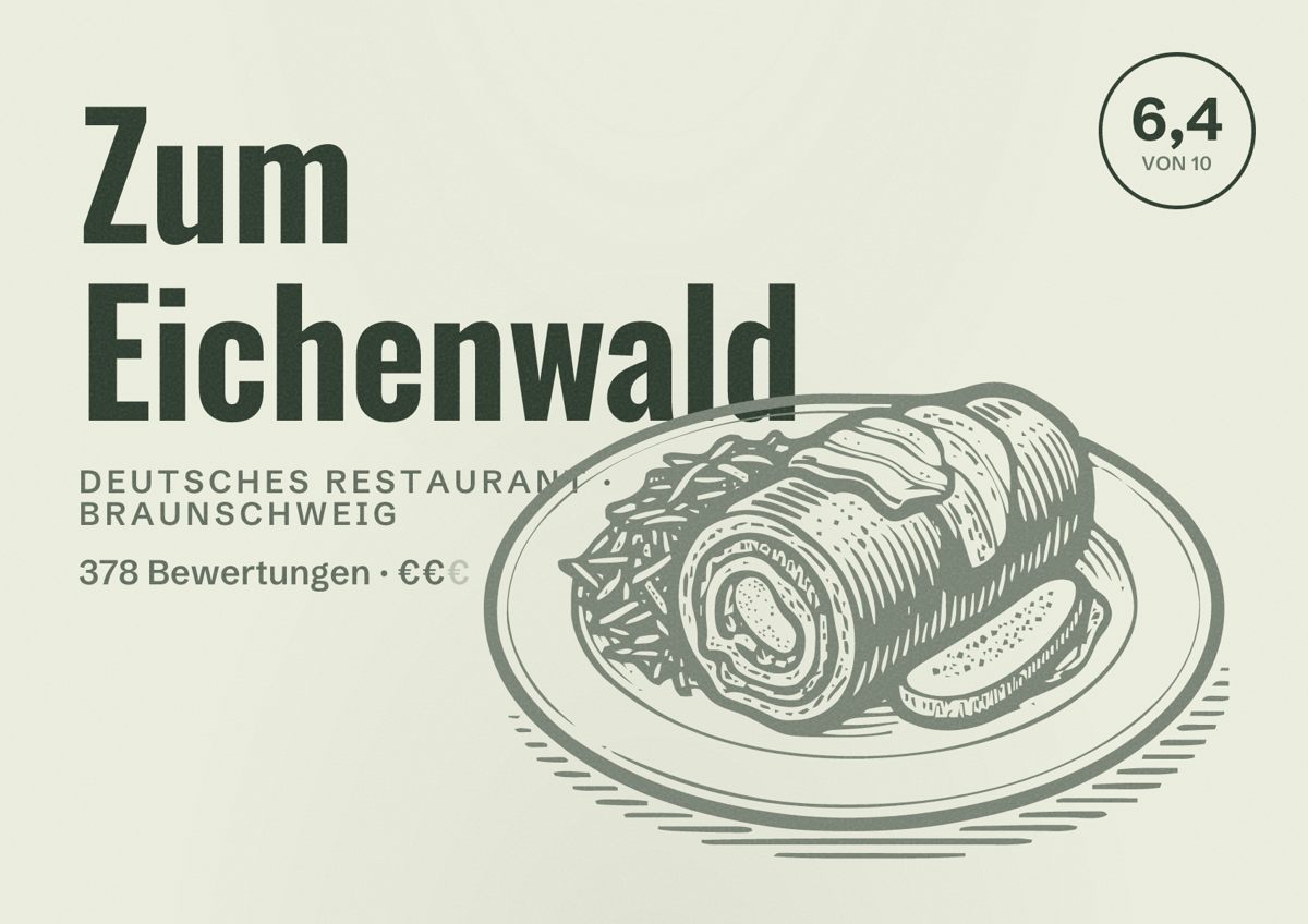Illustriertes Poster von Zum Eichenwald, Deutsches Restaurant in Braunschweig: Bewertung 6,4 von 10 aus 378 Bewertungen, Preisniveau €€