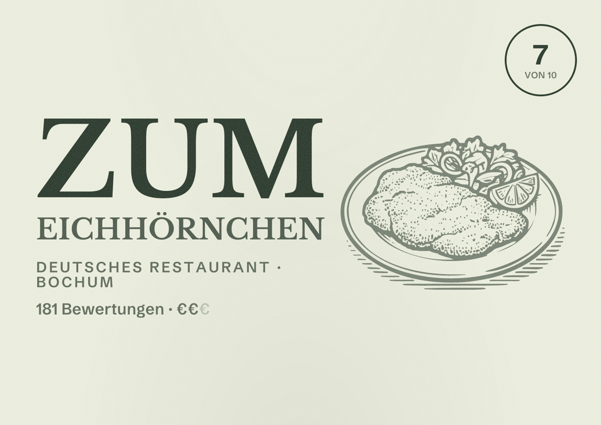 Illustriertes Poster von Zum Eichhörnchen, Deutsches Restaurant in Bochum: Bewertung 7 von 10 aus 181 Bewertungen, Preisniveau €€