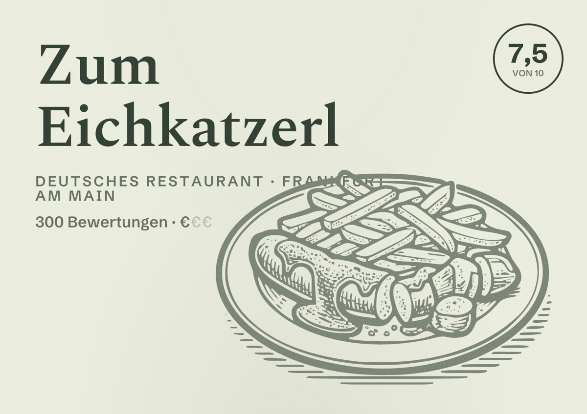 Illustriertes Poster von Zum Eichkatzerl, Deutsches Restaurant in Frankfurt am Main: Bewertung 7,5 von 10 aus 300 Bewertungen, Preisniveau €