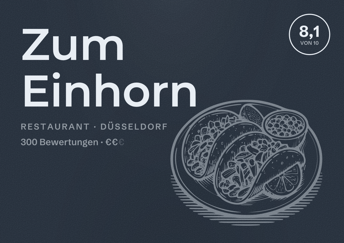 Illustriertes Poster von Zum Einhorn, Restaurant in Düsseldorf: Bewertung 8,1 von 10 aus 300 Bewertungen, Preisniveau €€