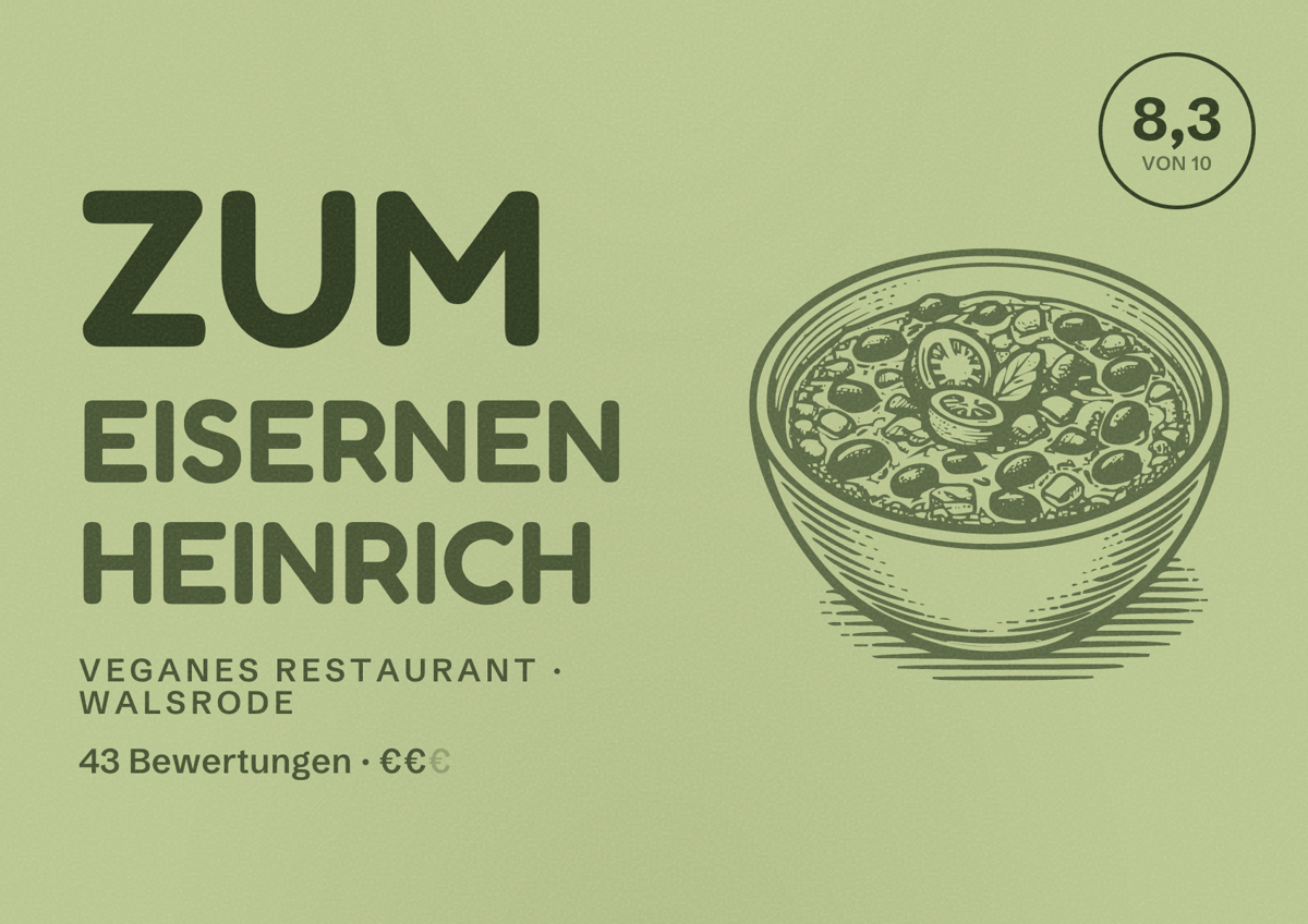 Illustriertes Poster von Zum Eisernen Heinrich, Veganes Restaurant in Walsrode: Bewertung 8,3 von 10 aus 43 Bewertungen, Preisniveau €€