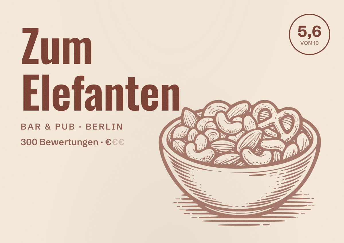 Illustriertes Poster von Zum Elefanten, Bar & Pub in Berlin: Bewertung 5,6 von 10 aus 300 Bewertungen, Preisniveau €