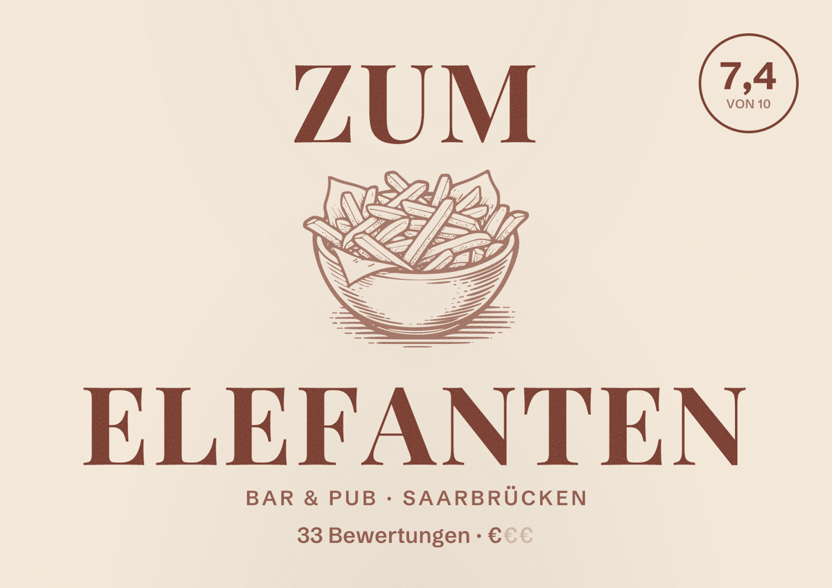 Illustriertes Poster von Zum Elefanten, Bar & Pub in Saarbrücken: Bewertung 7,4 von 10 aus 33 Bewertungen, Preisniveau €