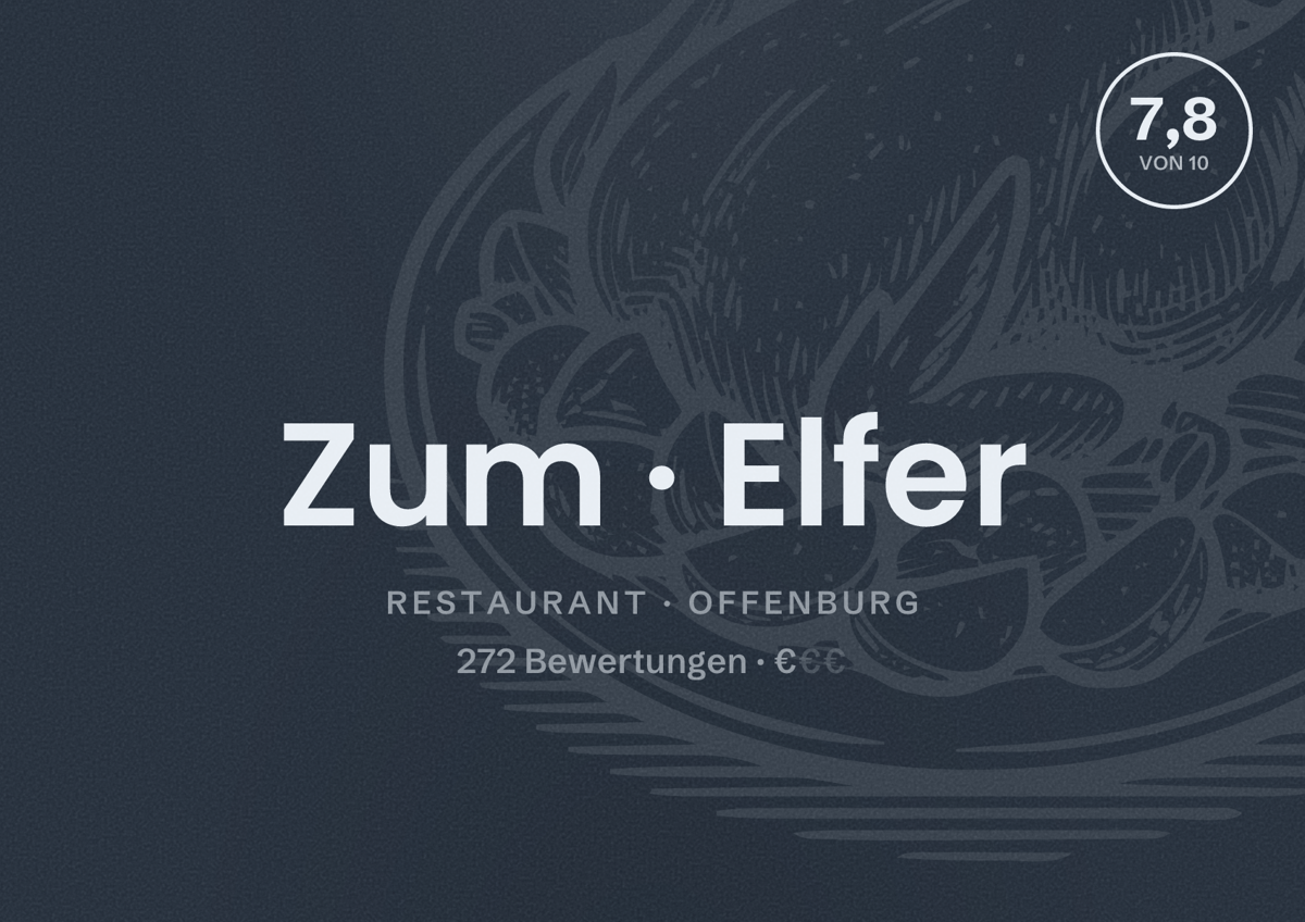 Illustriertes Poster von Zum Elfer, Restaurant in Offenburg: Bewertung 7,8 von 10 aus 272 Bewertungen, Preisniveau €